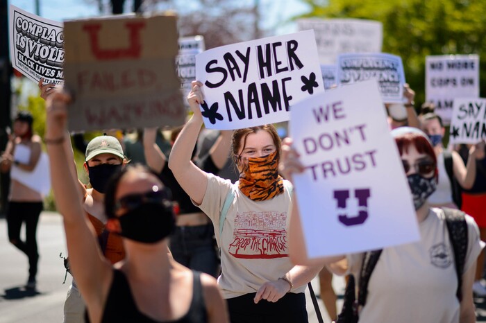 (Trent Nelson | The Salt Lake Tribune) Protesters march at the University of Utah in Salt Lake City on Thursday, Sept. 3, 2020. The protest called for President Ruth Watkins to resign and for the campus police department to be dissolved..