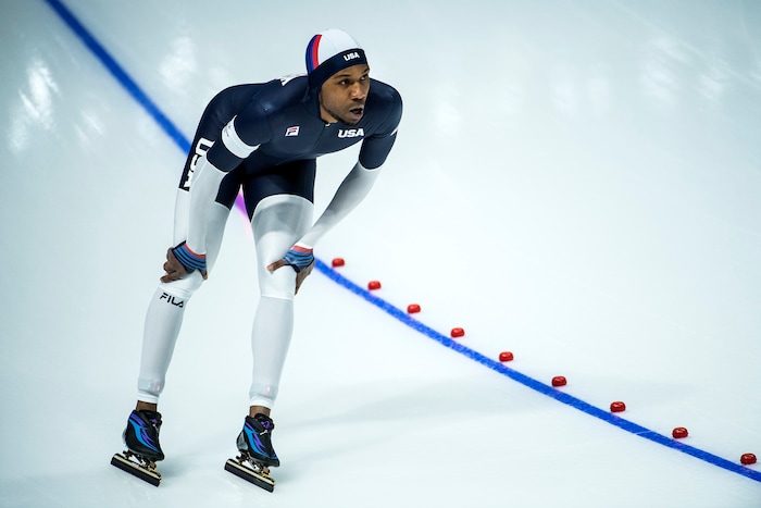 (Chris Detrick  |  The Salt Lake Tribune) Shani Davis of the United States reacts after competing in the Men's 1,000m at Gangneung Oval during the Pyeongchang 2018 Winter Olympics Friday, Feb. 23, 2018. Davis finished in 7th place with a time of 1:08.78. 