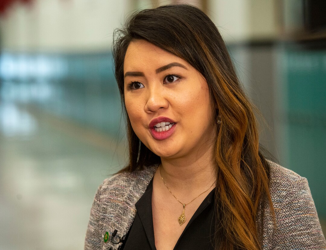 (Rick Egan  |  The Salt Lake Tribune)       Angela Doan talks about the school resource officer contract during a news conference at West High School, Tuesday, March 26, 2019.