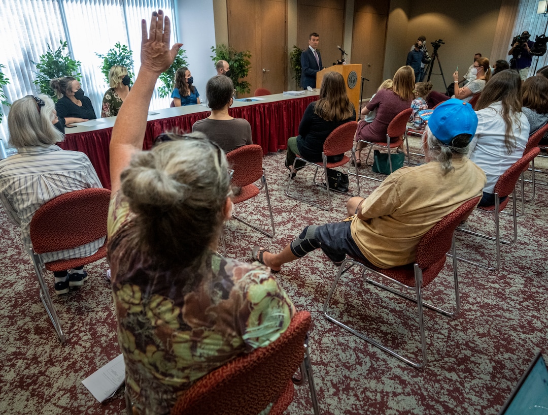 (Leah Hogsten | The Salt Lake Tribune) Greg Skordas fields questions at Monday's press conference. Skordas is representing a group of Utah parents is suing the state for its ban on school districts enacting their own mask mandates which they say leaves their kids unnecessarily unprotected and at-risk from COVID-19 in the classroom, Aug. 23, 2021. The filing in 3rd District Court includes 12 parents representing 15 students across the school districts of Salt Lake County.