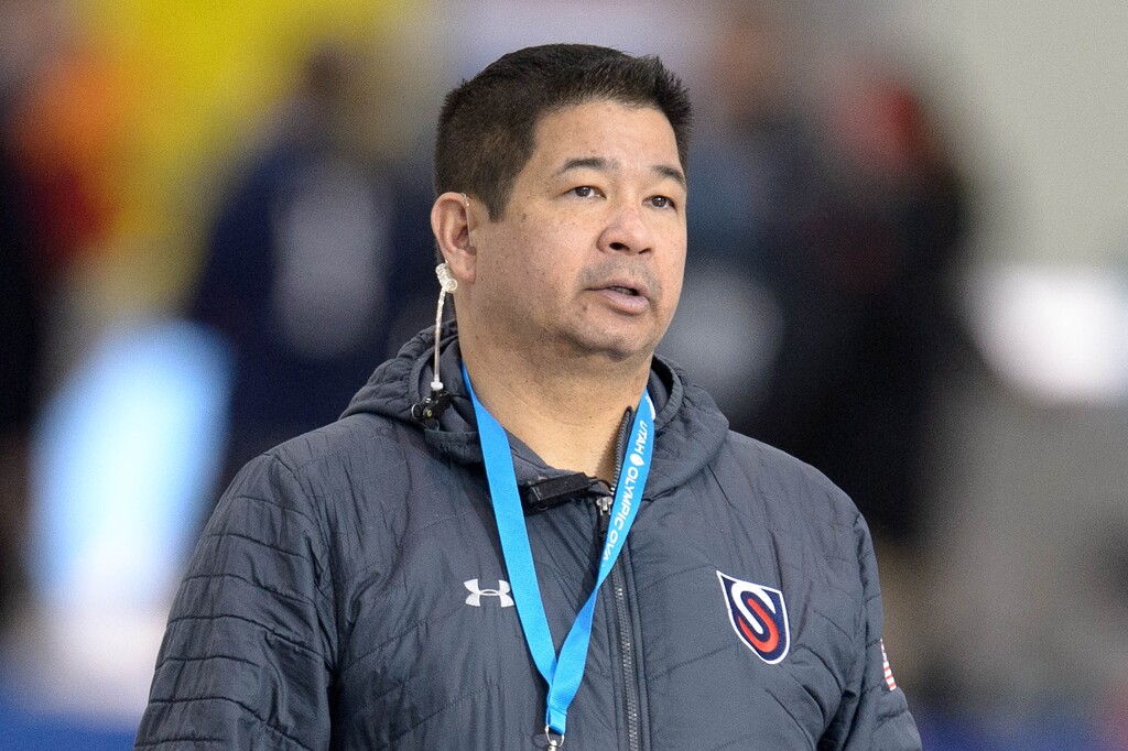 (Trent Nelson  |  The Salt Lake Tribune) US Speedskating coach Ryan Shimabukuro at the ISU World Single Distances Speed Skating Championships at the Utah Olympic Oval in Kearns on Thursday, Feb. 13, 2020.