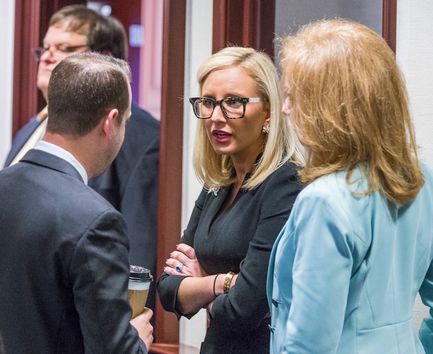 Florida Sen. Lauren Book (D-Plantation), center, speaks with Rep. Jared Even Moskowitz (D-Coral Springs), left, and Rep. Kristin Diane Jacobs (D-Coconut Creek) on the House floor during questioning on the school safety bill at the Florida Capital in Tallahassee, Tuesday, March 6, 2018. (AP Photo/Mark Wallheiser)