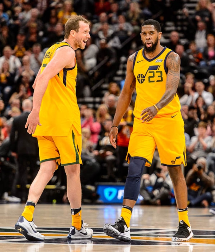 (Trent Nelson | The Salt Lake Tribune)  Utah Jazz forward Royce O'Neale (23) celebrates a shot at the end of the first half giving the Jazz a 50-41 lead. Utah Jazz host the Phoenix Suns, NBA basketball in Salt Lake City, Wednesday Feb. 14, 2018. Utah Jazz forward Joe Ingles (2) at left.