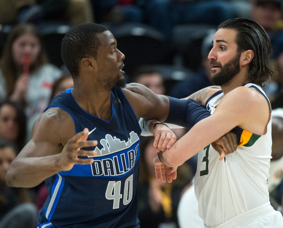 (Rick Egan  |  The Salt Lake Tribune)    Utah Jazz guard Ricky Rubio (3) battles for position with Dallas Mavericks forward Harrison Barnes (40), in NBA action between Utah Jazz and Dallas Mavericks in Salt Lake City, Saturday, Feb. 24, 2018.