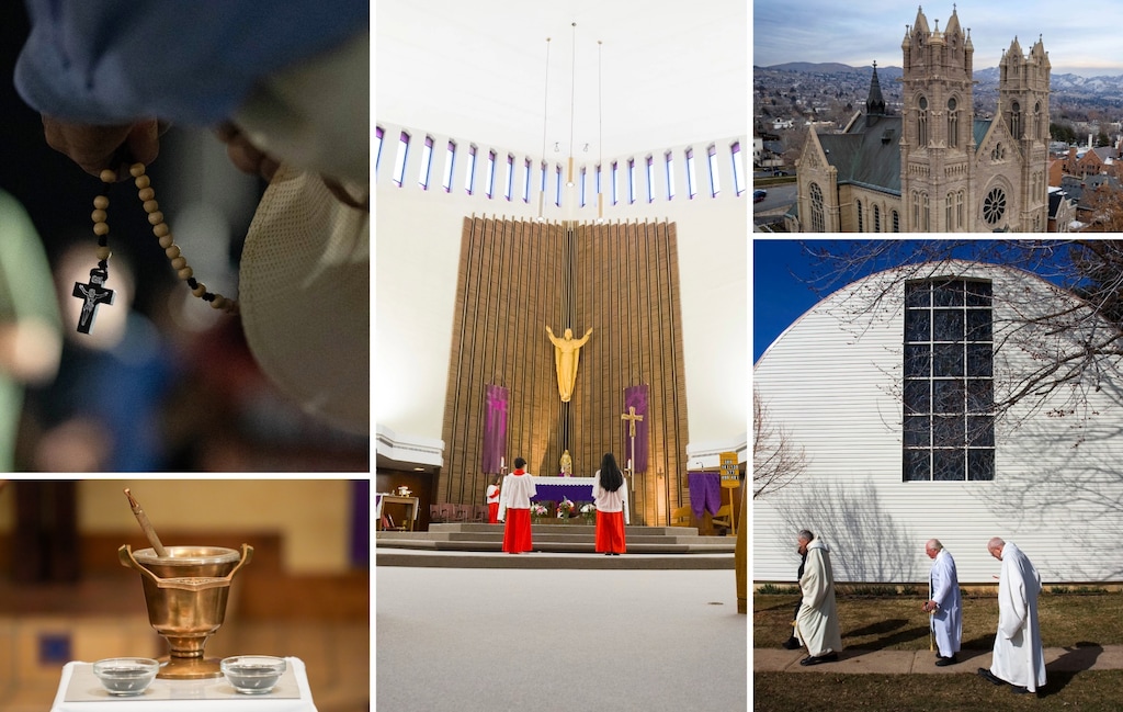 (The Salt Lake Tribune) Clockwise from top left: A rosary; Mass at St. Ann Catholic Church; the Cathedral of the Madeleine in Salt Lake City; monks at the Abbey of Our Lady of the Holy Trinity in Huntsville; and an urn used for Ash Wednesday Mass.