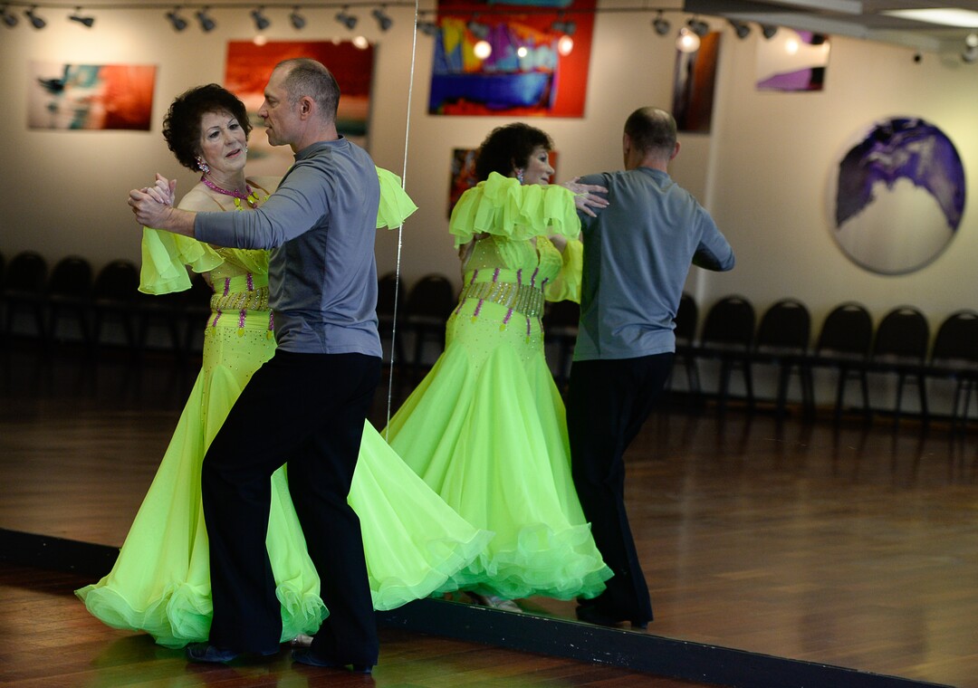 (Francisco Kjolseth  |  The Salt Lake Tribune)  Jean Woodruff, a 92-year-old who loves ballroom dancing and loves competitions, prepares for an upcoming competition with Martin Skupinski, founder of Ballroom Utah Dance Studio. Jean danced for years with her husband, and the couple taught lessons in a dance studio in their Holladay home. She stopped dancing after he had a stroke, and then died. Several years ago, she started dancing again, and now competes regularly.