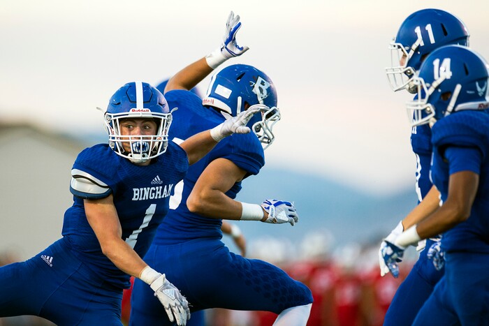 (Chris Detrick  |  The Salt Lake Tribune)  Bingham's Braedon Wissler (1) celebrates his touchdown with Bingham's Justin Burge (8) during the game at Bingham High School Friday, August 25, 2017. Bingham is winning the game 24-17 at halftime. 
