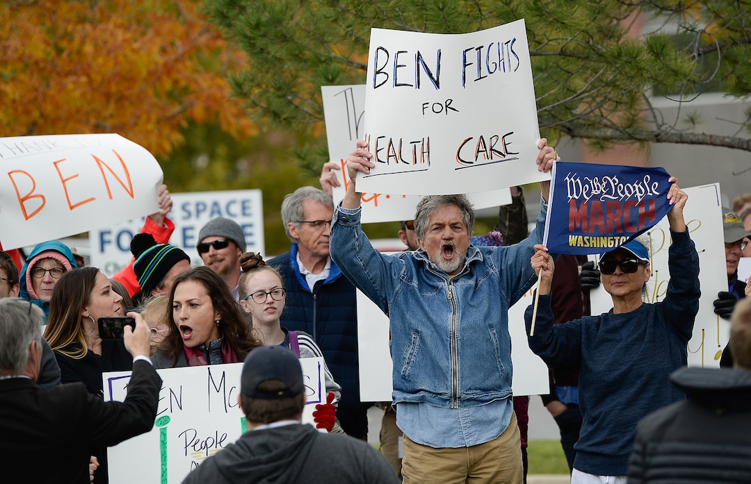 (Francisco Kjolseth | The Salt Lake Tribune) Two competing rallies spar near Rep. Ben McAdams' office in West Jordan, one seeking to support McAdams and one to criticize him for supporting the impeachment inquiry of President Donald Trump on Wednesday, Oct. 9, 2019.