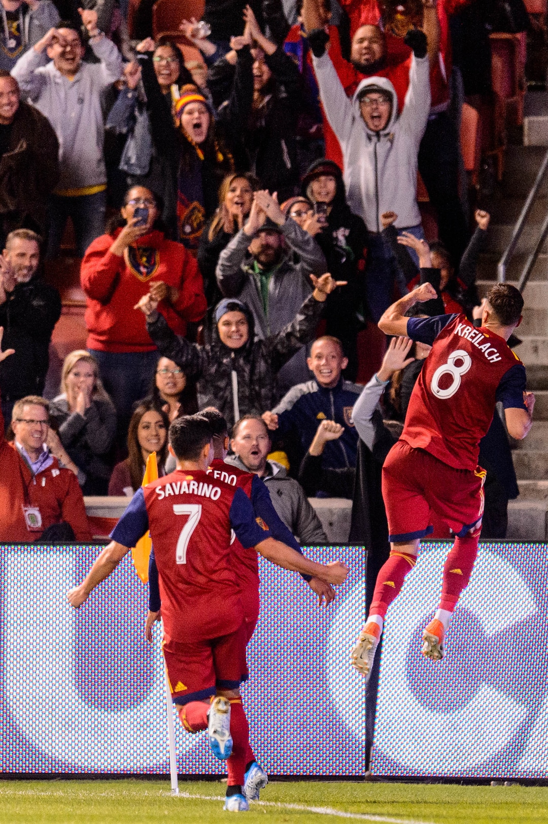 (Trent Nelson  |  The Salt Lake Tribune)  Real Salt Lake midfielder Damir Kreilach (8) celebrates a goal as Real Salt Lake hosts the San Jose Earthquakes, MLS soccer at Rio Tinto Stadium in Sandy on Wednesday Sept. 11, 2019.