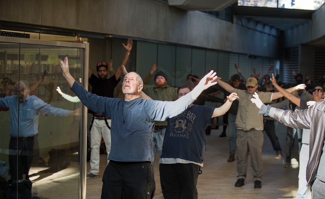Lennie Mahler  |  The Salt Lake TribuneBernie Hart leads a group of homeless people in tai chi at the Salt Lake City Public Library, Thursday, March 2, 2017.