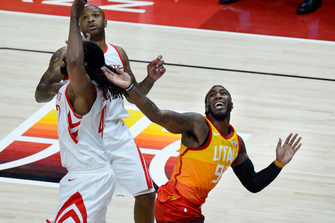 (Scott Sommerdorf | The Salt Lake Tribune)Utah Jazz forward Jae Crowder (99) battles under the hoop during second half play. The Houston Rockets beat the Utah Jazz 113-92 in game 3 of their playoff series, Friday, May 4, 2018.