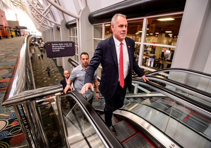 (Steve Griffin  |  The Salt Lake Tribune)  U.S. Secretary of the Interior Ryan Zinke walks through the Salt Palace Convention Center where he was scheduled to speak at the Western Hunting and Conservation Expo in Salt Lake City on Friday, Feb. 9, 2018.