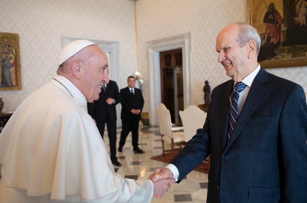 (Photo courtesy of the Vatican) Pope Francis greets President Russell M. Nelson, head of The Church of Jesus Christ of Latter-day Saints, on Saturday, March 9, 2019, at the Vatican. Latter-day Saint doctrine doesn't claim prophetic infallibility, but many members view their leaders that way.