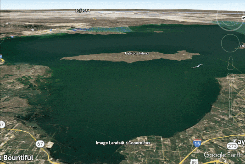 (Google) A view west over the lake shows Antelope Island is no longer an island.