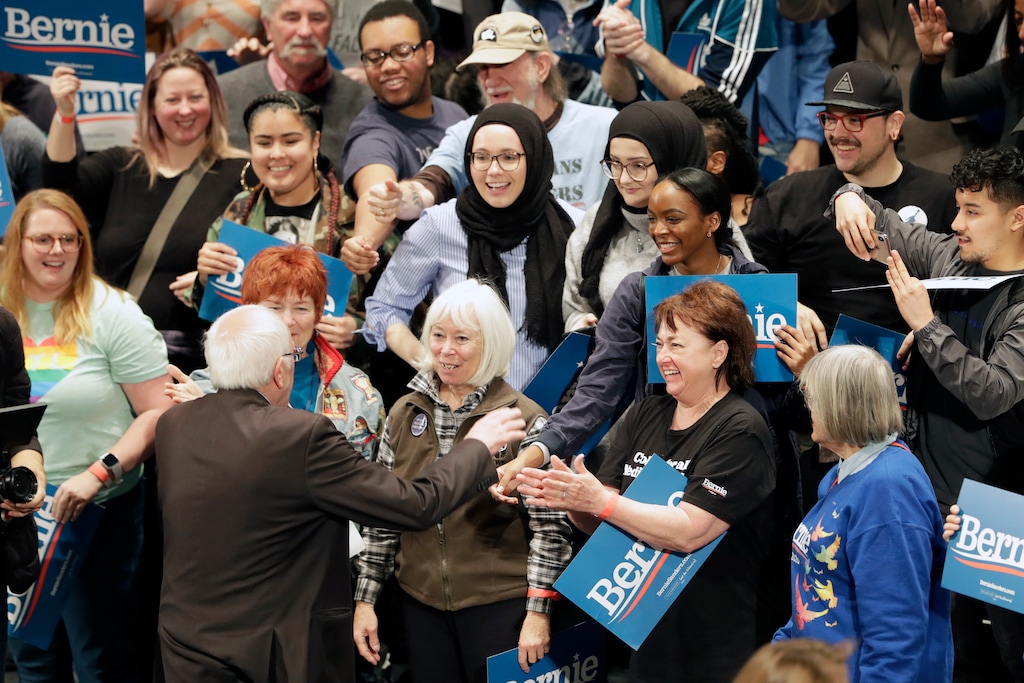 Democratic presidential candidate Sen. Bernie Sanders, I-Vt., greets supporters after speaking during a campaign rally Monday, March 9, 2020, in St. Louis. (AP Photo/Jeff Roberson)