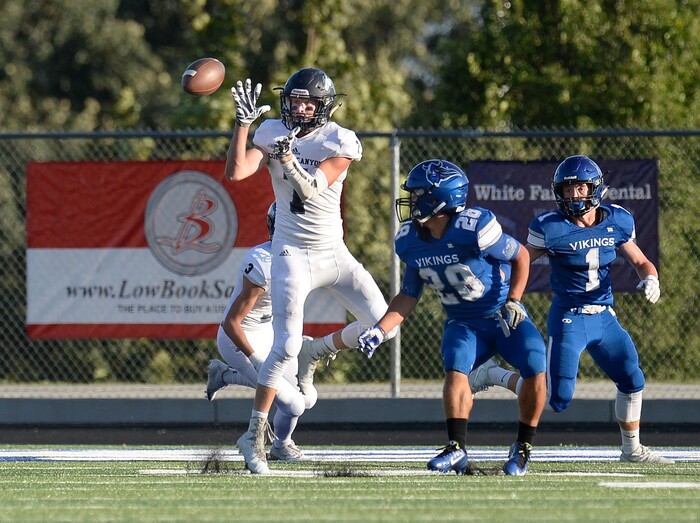 (Scott Sommerdorf | The Salt Lake Tribune) Corner Canyon DB Matthew Ebbeling steps in to make a goal line interception in the first half as Corner Canyon and Pleasant Grove were scoreless early in the game, Friday, August 18, 2017.