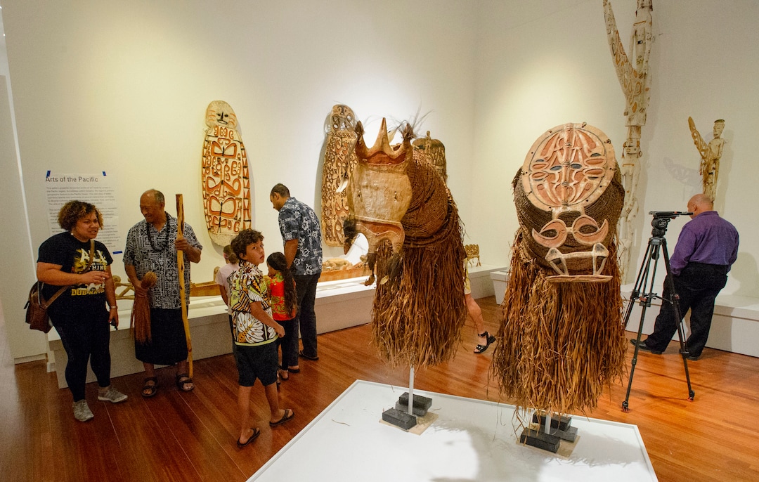 (Steve Griffin  |  The Salt Lake Tribune)  Members of Salt Lake City's Pacific Islander community enjoy the Arts of the Pacific gallery in the newly renovated Utah Museum of Fine Arts  prior to blessing the collection  in Salt Lake City Tuesday August 8, 2017.  Elders from the local Maori and Samoan communities performed ceremonial dances, chants and oration to welcome the objects back on view and to thank Museum staff for continued care of their cultural objects.
