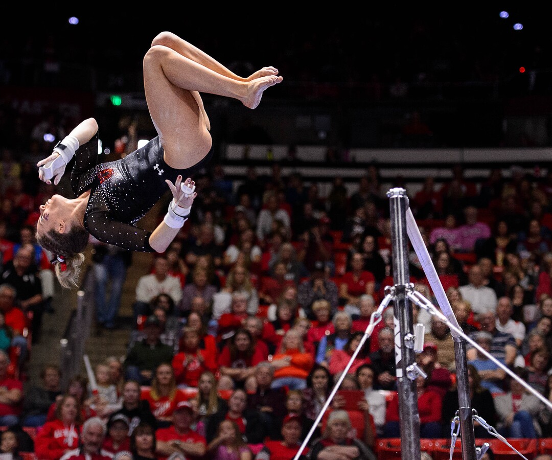 Trent Nelson  |  The Salt Lake TribuneUtah's MyKayla Skinner on the bars as the University of Utah hosts Cal, NCAA Gymnastics at the Huntsman Center, Saturday February 4, 2017.