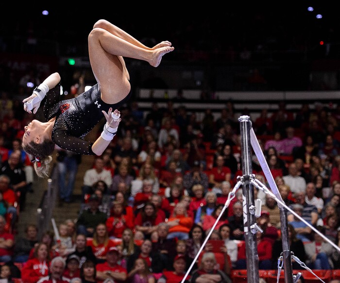 Trent Nelson  |  The Salt Lake Tribune
Utah's MyKayla Skinner on the bars as the University of Utah hosts Cal, NCAA Gymnastics at the Huntsman Center, Saturday February 4, 2017.