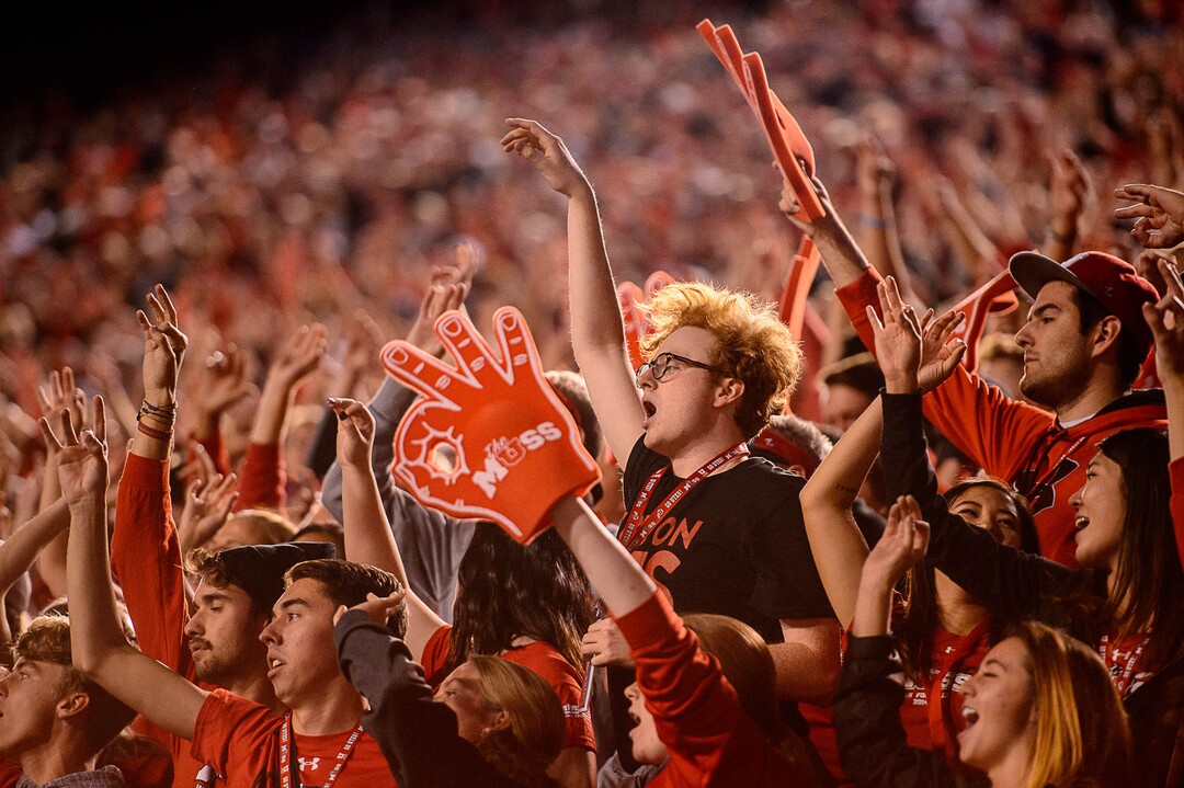 (Trent Nelson | The Salt Lake Tribune)  Utah fans in the MUSS get loud on a third down play as the University of Utah hosts Stanford, NCAA football at Rice-Eccles Stadium in Salt Lake City Saturday October 7, 2017.