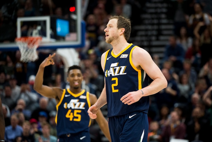 (Rick Egan  |  The Salt Lake Tribune)   Utah Jazz guard Donovan Mitchell (45) reacts as Utah Jazz forward Joe Ingles (2) extends the Jazz lead with a 3-point-shot, in NBA action Utah Jazz vs Cleveland Cavaliers, in Salt Lake City,  Saturday, December 30, 2017.


