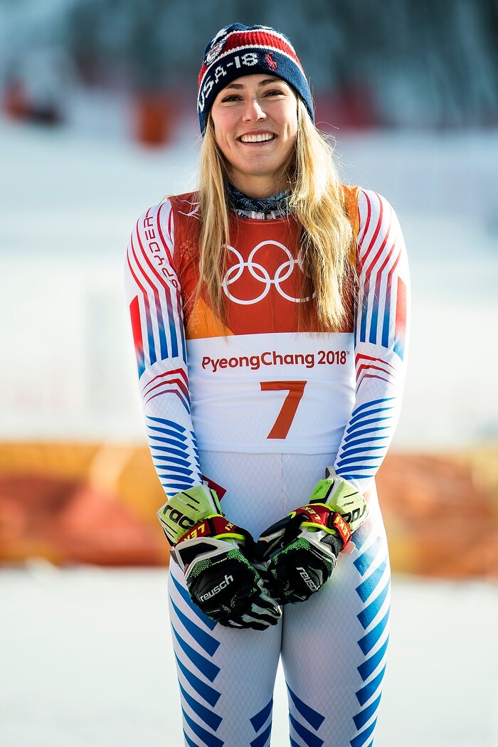 (Chris Detrick  |  The Salt Lake Tribune)  USA's Mikaela Shiffrin celebrates after winning gold in the Ladies' Giant Slalom at Yongpyong Alpine Centre during the Pyeongchang 2018 Winter Olympics Thursday, Feb. 15, 2018.  Shiffrin won the event with a time of 2:20.02.
