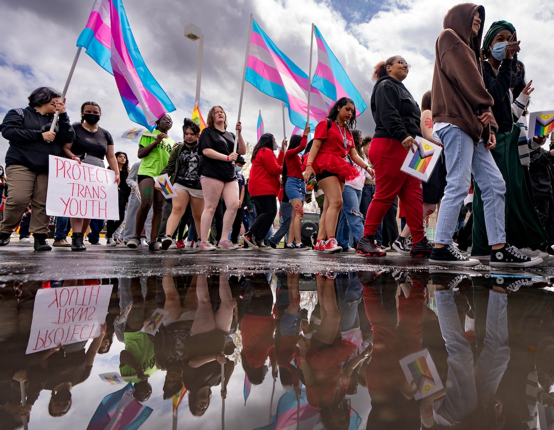 (Francisco Kjolseth | The Salt Lake Tribune) East High school students organize a walkout on Friday, April 15, 2022, to protest HB11, which bans transgender girls from participating in female school sports. In the same spirit of the West High walkout last week, students took a stand to speak out against the bill which they found discriminatory and hurtful to transgender youth in the state.