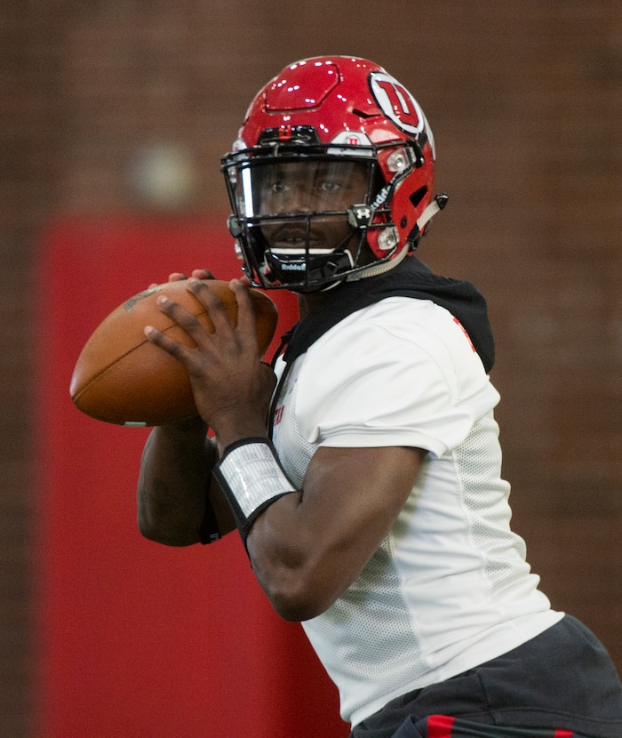 (Rick Egan  |  The Salt Lake Tribune)   Returning starting quarterback Tyler Huntley works out on the first day of Spring practice, Monday, March 5, 2018.


