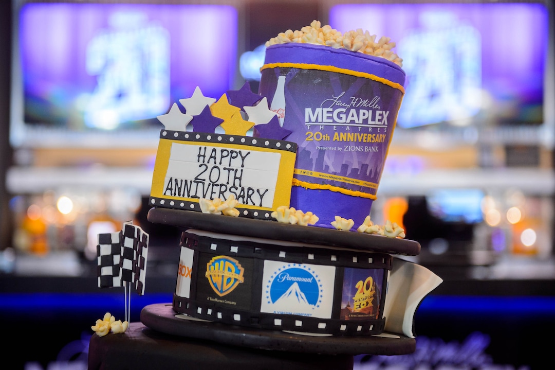(Trent Nelson  |  The Salt Lake Tribune)A cake on display as Megaplex Theatres celebrates its 20th anniversary at an event at The District location in South Jordan on Thursday Nov. 14, 2019.