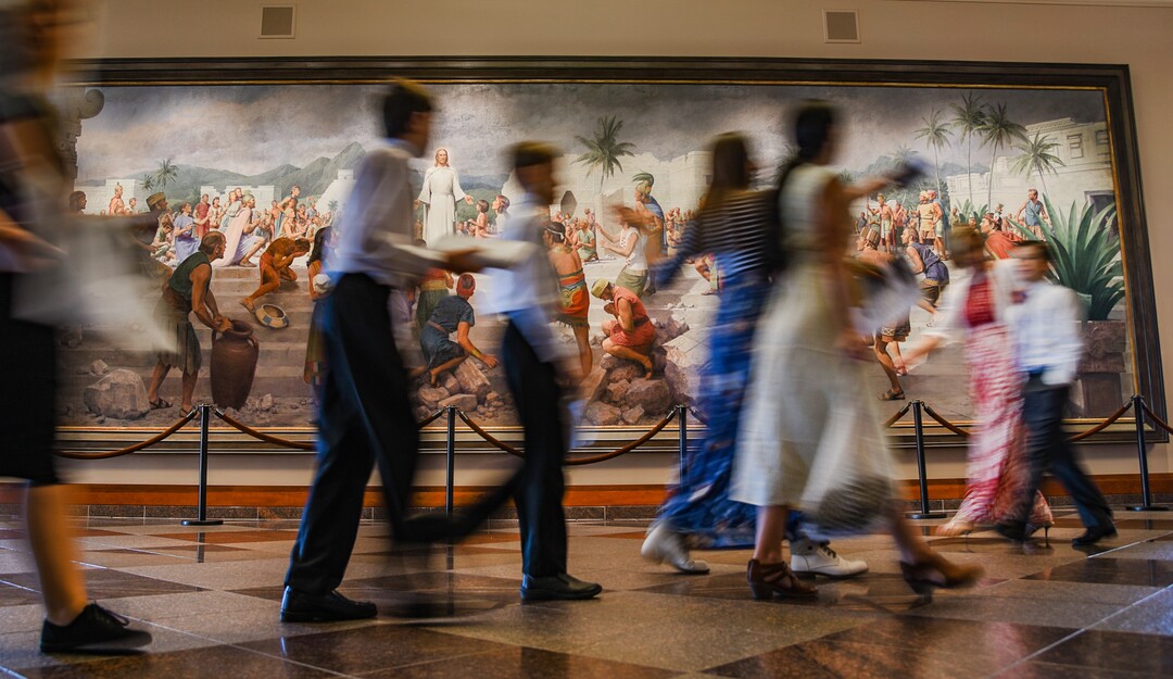 (Francisco Kjolseth  |  The Salt Lake Tribune)  People walk by "Jesus Christ Visits the Americans," by artist John Scott, at the Conference Center during the 189th twice-annual General Conference of The Church of Jesus Christ of Latter-day Saints in Salt Lake City on Sunday, Oct. 6, 2019.