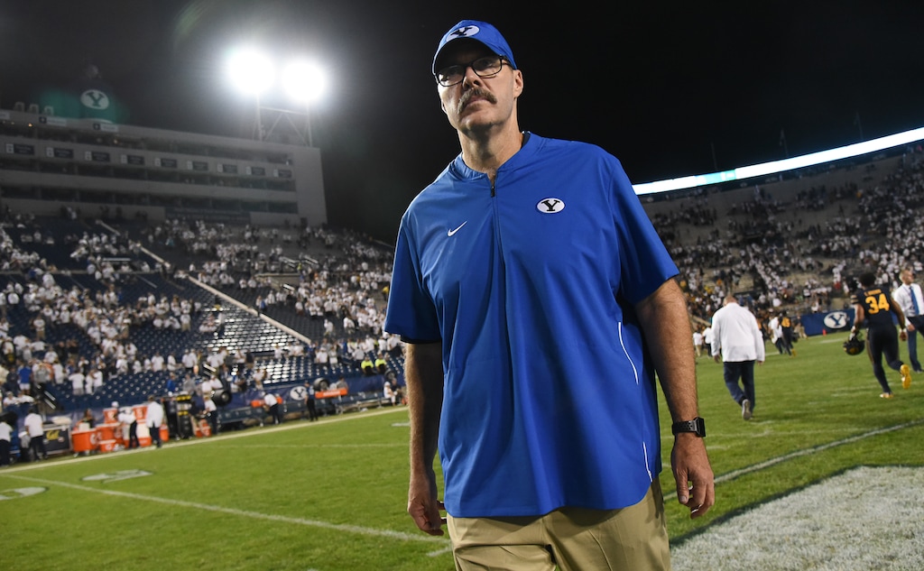 (Francisco Kjolseth  |  The Salt Lake Tribune)  BYU offensive coordinator Jeff Grimes leaves the field after a 21-18 loss to California following the NCAA college football game, Saturday, Sept. 8, 2018, at LaVell Edwards stadium in Provo, Utah.
