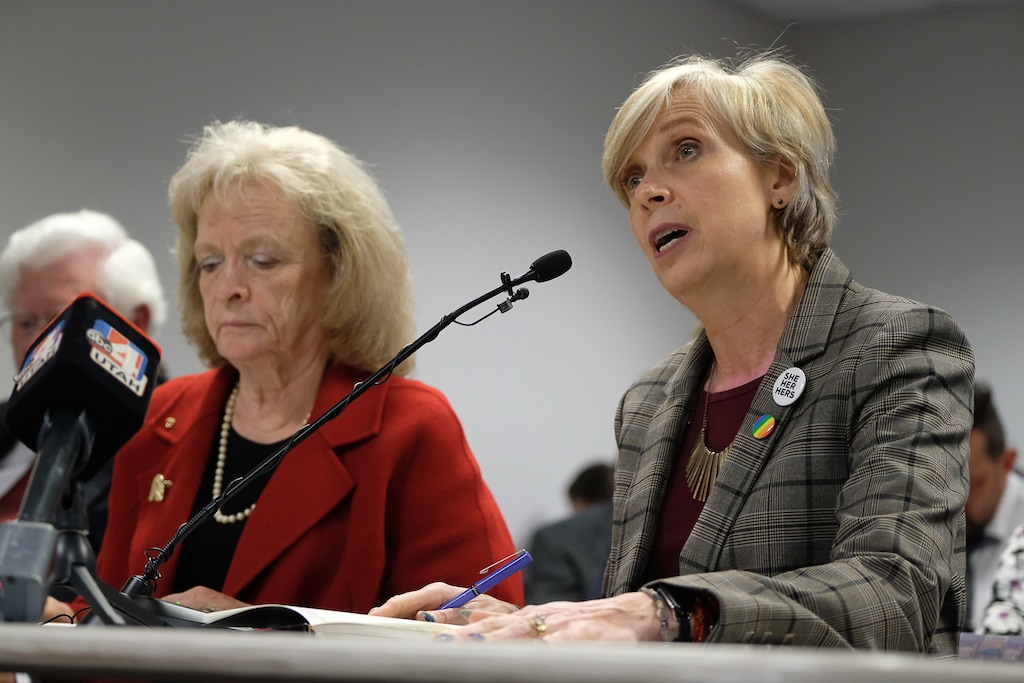 (Francisco Kjolseth | Tribune file photo) Gayle Ruzicka, political activist and leader of the conservative Utah Eagle Forum, left, waits her turn to speak as Lisa Tensmeyer, director of Clinical Services at Flourish Counseling, speaks in support of a proposed ban on conversion therapy during a public hearing before state regulators in Salt Lake City on Thursday, Sept. 26, 2019.