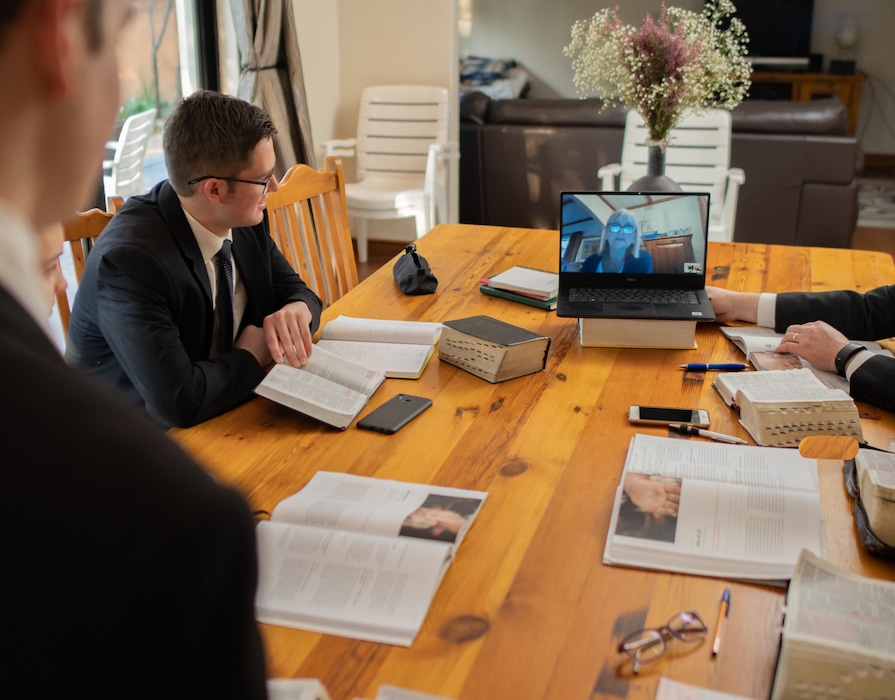 (The Church of Jesus Christ of Latter-day Saints)
Family members in Johannesburg, South Africa, gathers to observe the Sabbath Day within their home and to video chat with extended members of their family to discuss the “Come, Follow Me” curriculum, July 19, 2020, during the height of the COVID-19 pandemic.