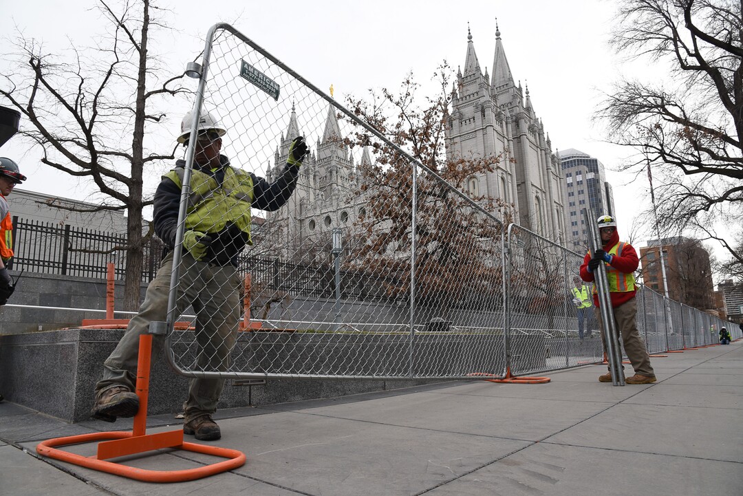 (Francisco Kjolseth  |  The Salt Lake Tribune)  Crews begin to prepare the grounds for the 4-year renovation of the Salt Lake Temple and Temple Square on Thursday, Jan. 2, 2020.