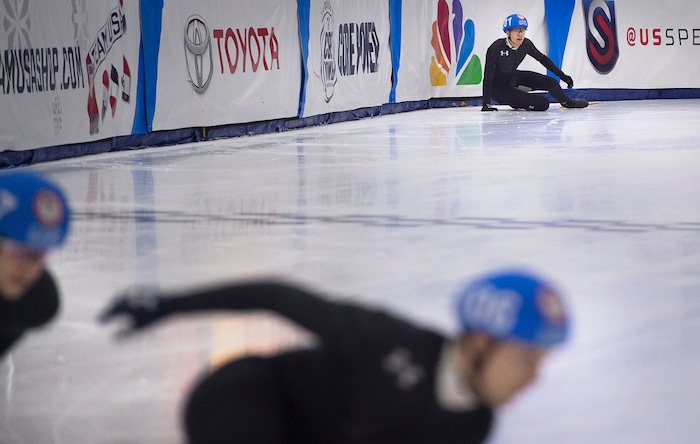 (Scott Sommerdorf   |  The Salt Lake Tribune)   
J.R. Celski looks at the other racers after he fell in a 1000 heat during day 3 of the U.S. short-track Olympic Team Trials at the Utah Olympic Oval, Sunday, December 17, 2017.  
