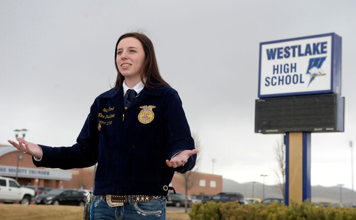 (Al Hartmann  |  The Salt Lake Tribune) 	
Emily Frost, a student body vice-president speaks about at Westlake High School 's response to honor  the 17 students who died in a school shooting in Florida.  
