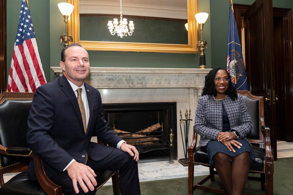 (Alex Brandon | AP) Supreme Court nominee Judge Ketanji Brown Jackson, right, meets with Sen. Mike Lee, R-Utah, on Capitol Hill, Wednesday, March 9, 2022. Lee voted against confirming Brown to the Court.