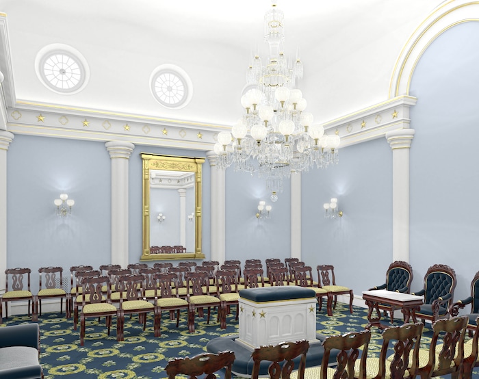 (Courtesy of The Church of Jesus Christ of Latter-day Saints) This rendering shows a remodeled sealing room in the St. George Temple.