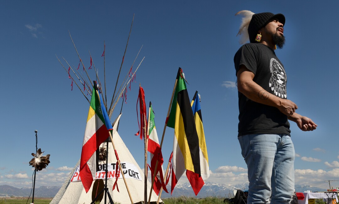 Leah Hogsten  |  The Salt Lake Tribune  Carl Moore, a Hopi and Chemehuevi Native American sings in honor of Mother Earth. Moore performed a hoop dance, made offerings to Mother Earth and gave a prayer. The "Stop the Polluting Port" community coalition staged a May Day celebration, calling for respect and awareness of the water, earth and air regarding the 20,000 acres west of Salt Lake City where the inland port industrial site has been proposed.