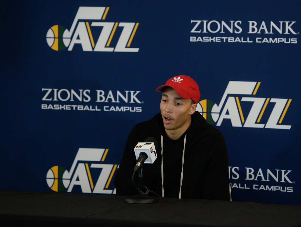 (Francisco Kjolseth  |  The Salt Lake Tribune)  Utah Jazz  Dante Exum speaks with the media during exit interviews at their practice facility in Salt Lake City Wed., May 8, 2018, after losing to the Houston Rockets in game 5 of their Western Conference Finals during the 2018 NBA Playoffs.