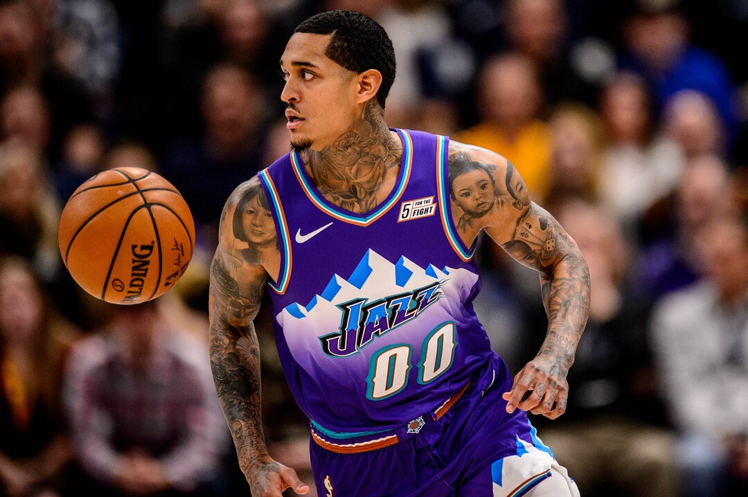 (Trent Nelson  |  The Salt Lake Tribune) Utah Jazz guard Jordan Clarkson picks up a steal as the Utah Jazz host the Portland Trail Blazers, NBA basketball in Salt Lake City on Thursday, Dec. 26, 2019.