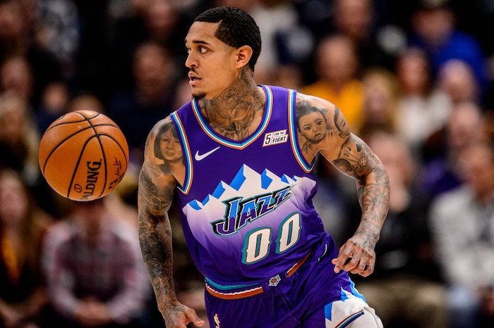(Trent Nelson  |  The Salt Lake Tribune) Utah Jazz guard Jordan Clarkson picks up a steal as the Utah Jazz host the Portland Trail Blazers, NBA basketball in Salt Lake City on Thursday, Dec. 26, 2019.