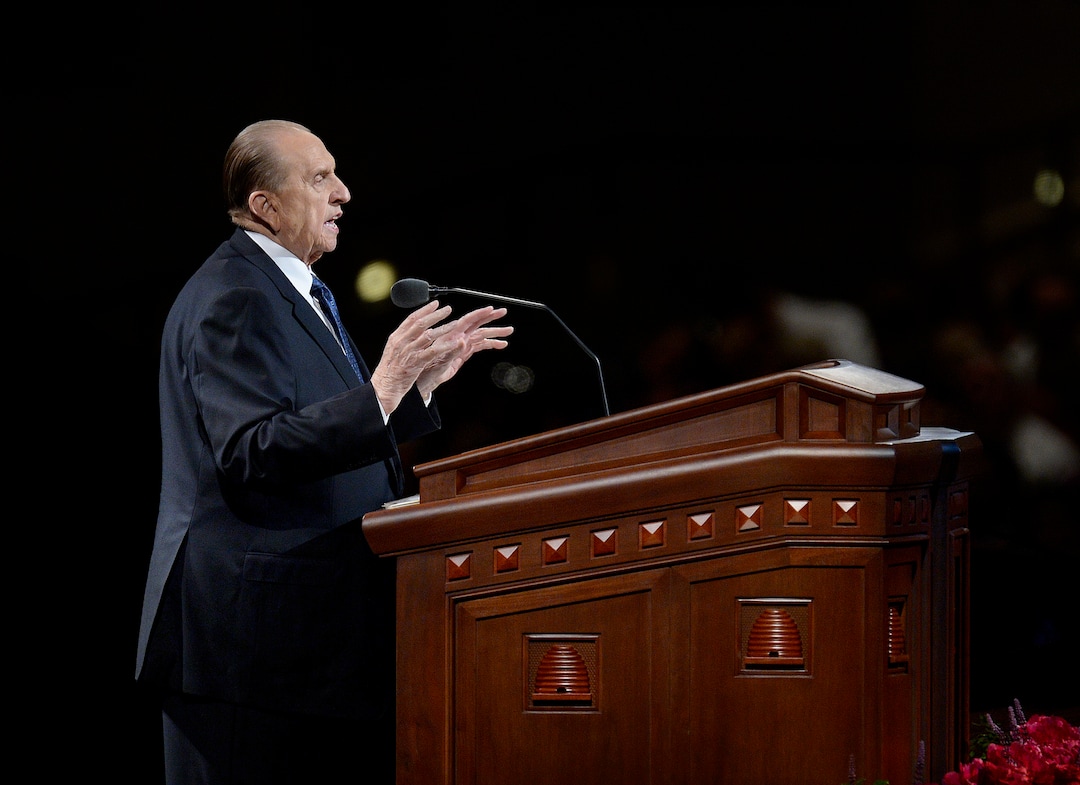 (Scott Sommerdorf  |  The Salt Lake Tribune) President Thomas S. Monson delivers his talk "Ponder the Path of Thy Feet" at the end of the morning session of the 184th Semiannual LDS General Conference on Oct. 5, 2014.