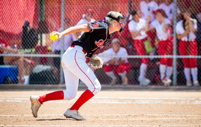 (Isaac Hale | Special to The Tribune) Spanish Fork pitcher Avery Sapp (5) winds up a pitch during the second game of a best-of-three series between the Spanish Fork Lady Dons and the Mountain Ridge Sentinels as part of the 5A state softball championship held at the Spanish Fork Sports Park on Friday, May 28, 2021.