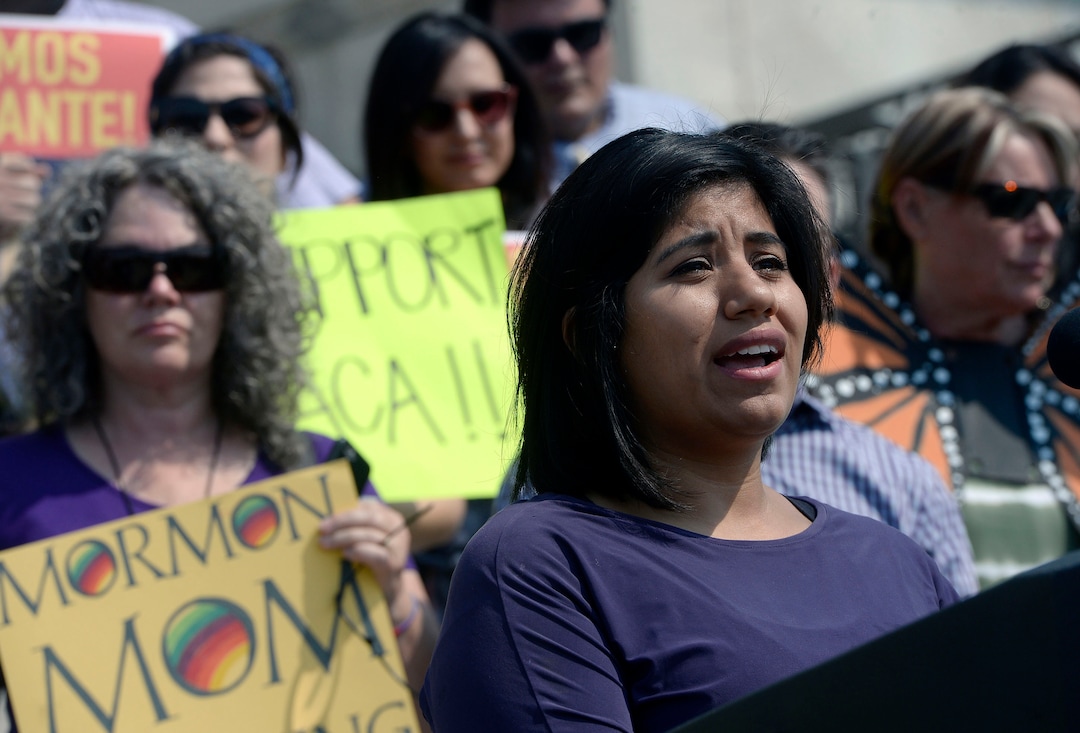 (Al Hartmann  |  The Salt Lake Tribune) 	
"Dreamer" Nidia Romero, who has been in the country since she was 4 years old, speaks to a diverse group that gathered on the steps of the Utah Capitol on Tuesday, Sept. 5, 2017. Comunidades Unidas (Communities United), said that that the Trump adminstration's plans to end the DACA program is bad for Utah's families and economy. Individuals, including 'Dreamers," spoke out for Congress to come up with alternative legislation.