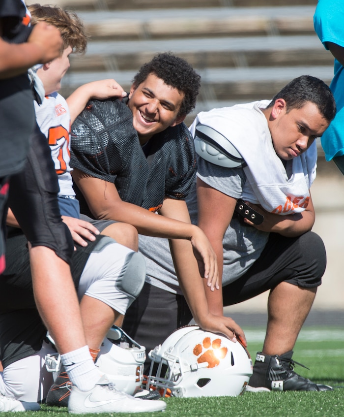 (Rick Egan  |  The Salt Lake Tribune)  Ogden football players share a laugh during practice. The mood at practice has changed after the team broke its 36-game losing streak last week. Wednesday, September 13, 2017.