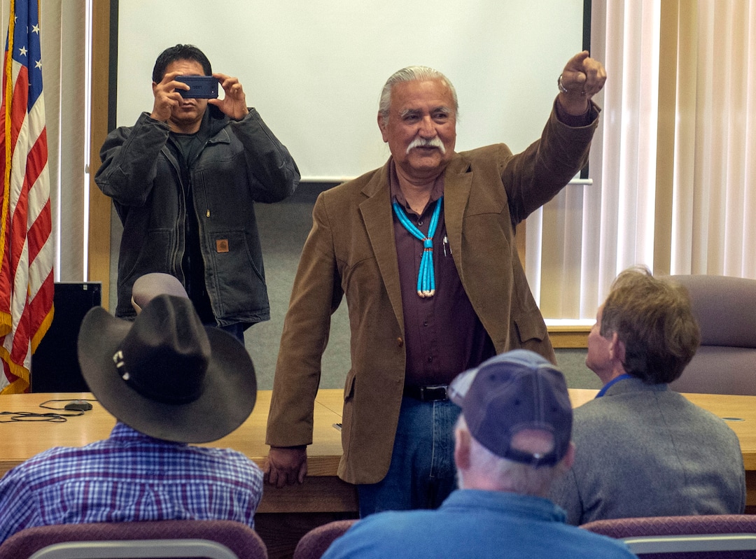 (Rick Egan  |  The Salt Lake Tribune)   Willie Grayeyes gives a shout out to his supporters, after being sworn in to the San Juan County Commission, at the San Juan County Courthouse in Monticello, Monday, Jan. 7, 2019.