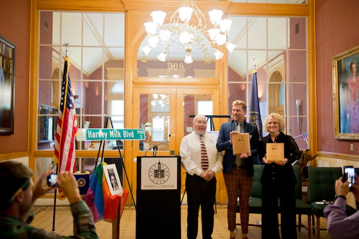 (Rachel Molenda | The Salt Lake Tribune)
San Diego human rights commissioner Nicole Murray-Ramirez, left, presents Equality Utah director Troy Williams, center, and Salt Lake City Mayor Jackie Biskupski with the Harvey Milk Civil Rights Award. The award was given by the International Imperial Court at the Salt Lake City-County Building in Salt Lake City, Utah, on Friday, May 25, 2018.