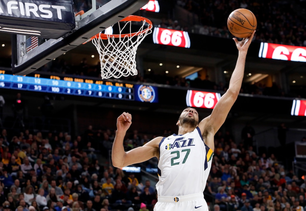 Utah Jazz's Rudy Gobert rebounds the ball in the first half of an NBA basketball game against the New York Knicks on Saturday, Dec. 29, 2018, in Salt Lake City. (AP Photo/Kim Raff)