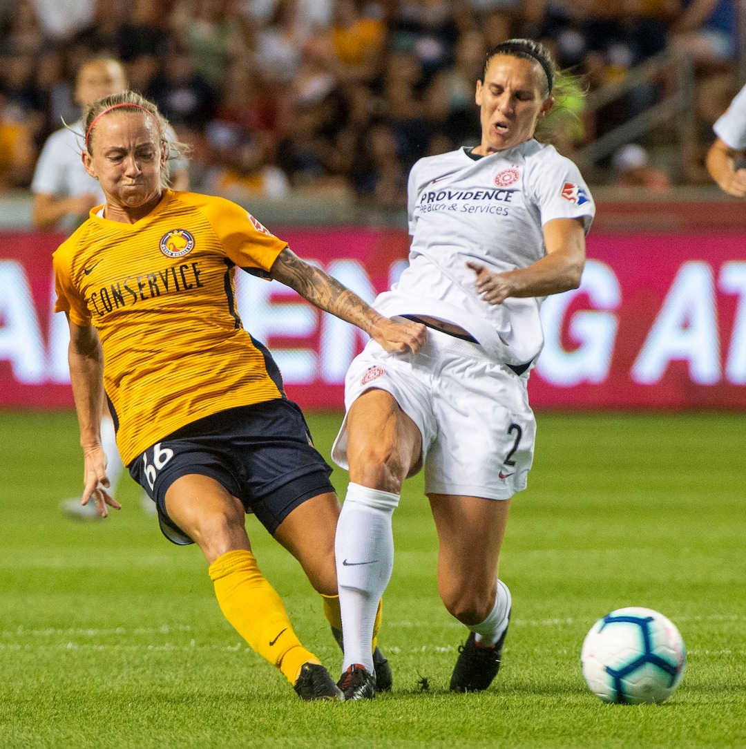 (Rick Egan  |  The Salt Lake Tribune)    Utah Royals FC midfielder Gunnhildur Jónsdóttir (66) goes for the ball along with FC defender Katherine Reynolds (2), in Soccer action between Utah Royals FC and Portland Thorns FC, in Sandy, Friday, July 19, 2019.